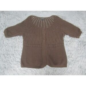 Avenue‎ Teens 14/16 Brown Knit Cardigan Lace Pattern Yoke 3 Buttons Short Sleeve